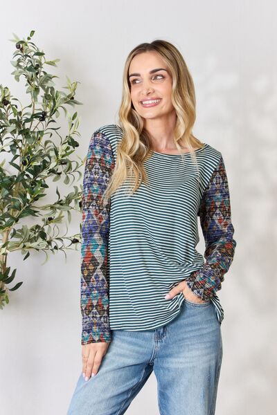 Hailey & Co Striped Round Neck Geometric Long Sleeve T - Shirt - Happily Ever Atchison Shop Co.