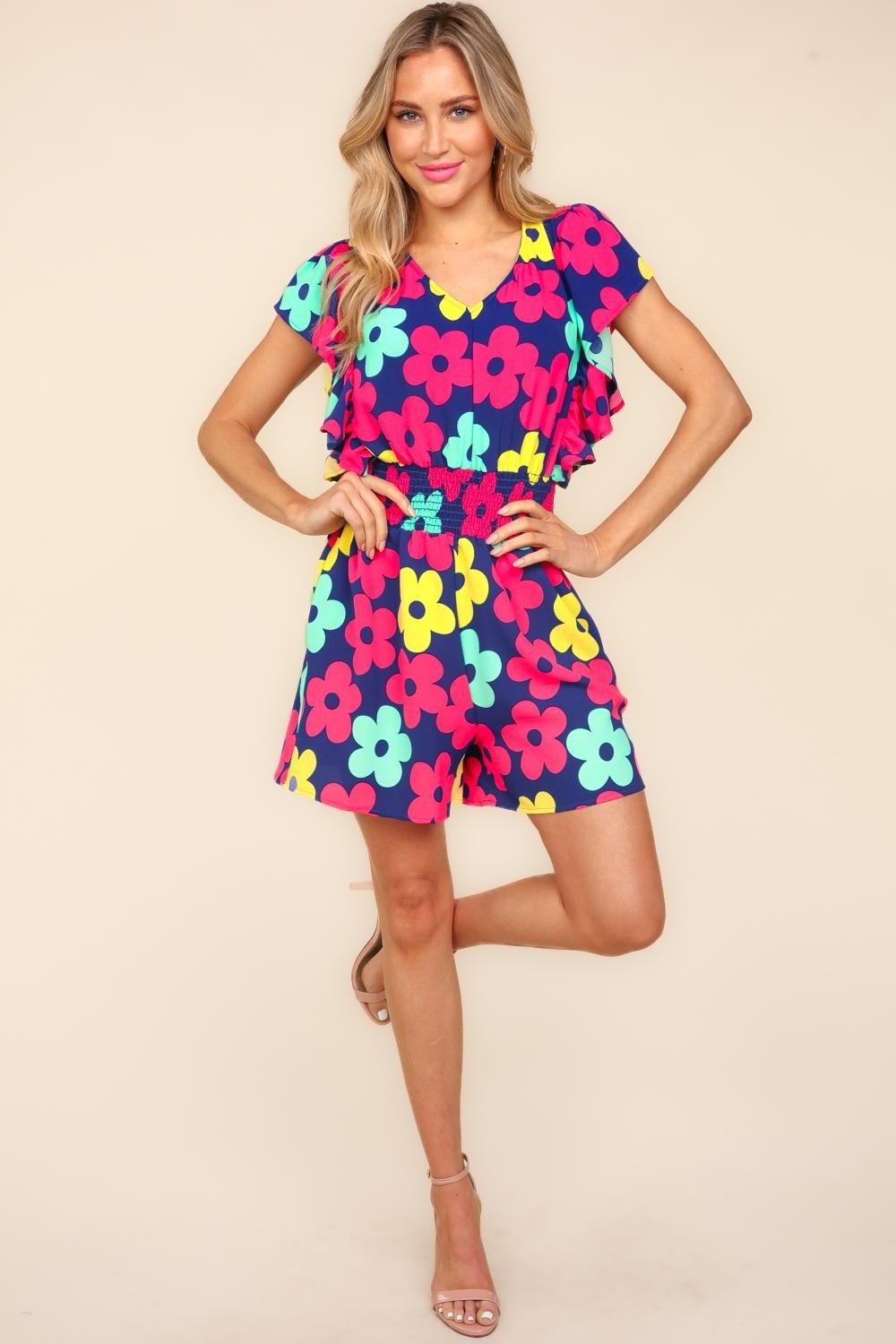 Haptics Floral Smocked Waist Romper with Side Pockets - Happily Ever Atchison Shop Co.