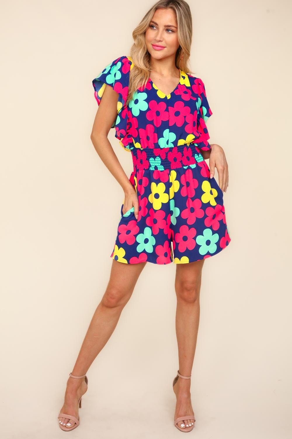 Haptics Floral Smocked Waist Romper with Side Pockets - Happily Ever Atchison Shop Co.