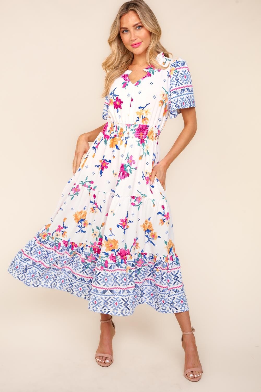 Haptics Printed Notched Short Sleeve Tiered Dress - Happily Ever Atchison Shop Co.