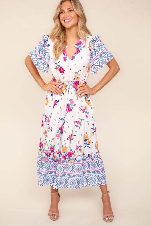 Haptics Printed Notched Short Sleeve Tiered Dress - Happily Ever Atchison Shop Co.