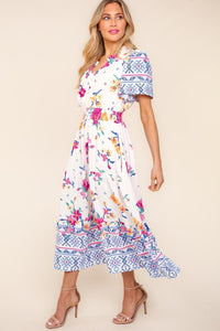 Haptics Printed Notched Short Sleeve Tiered Dress - Happily Ever Atchison Shop Co.