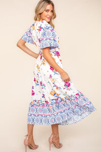Haptics Printed Notched Short Sleeve Tiered Dress - Happily Ever Atchison Shop Co.