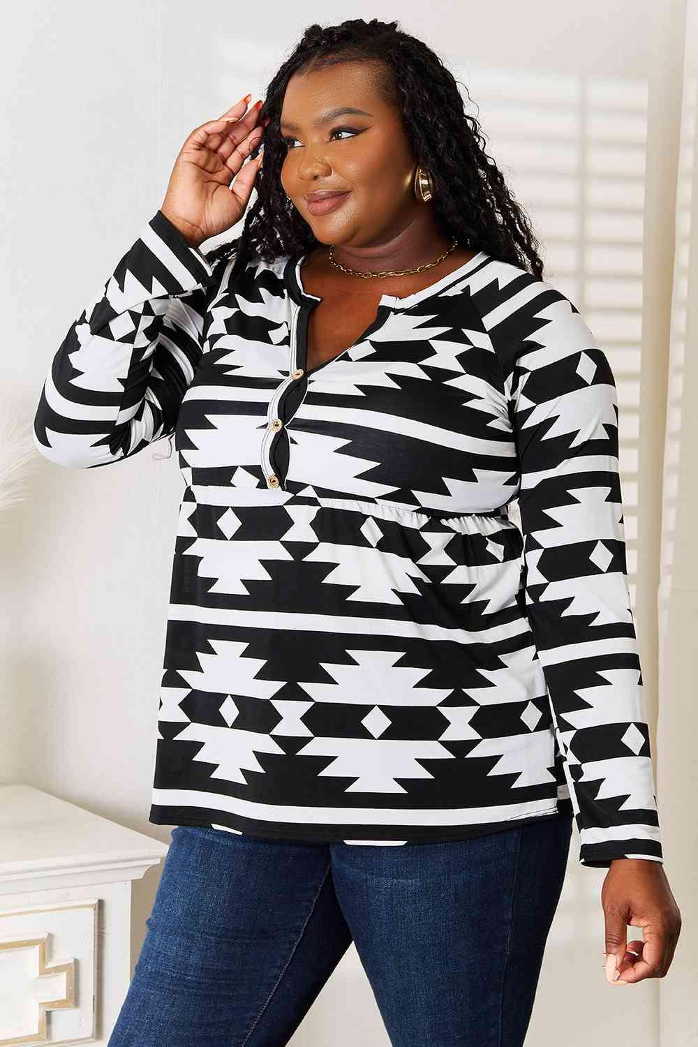 Heimish Full Size Geometric Notched Neck Long Sleeve Top - Happily Ever Atchison Shop Co.