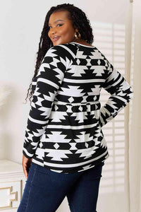 Heimish Full Size Geometric Notched Neck Long Sleeve Top - Happily Ever Atchison Shop Co.