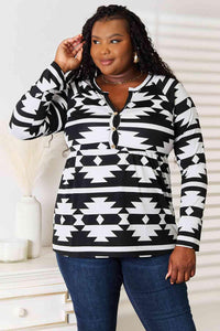Heimish Full Size Geometric Notched Neck Long Sleeve Top - Happily Ever Atchison Shop Co.