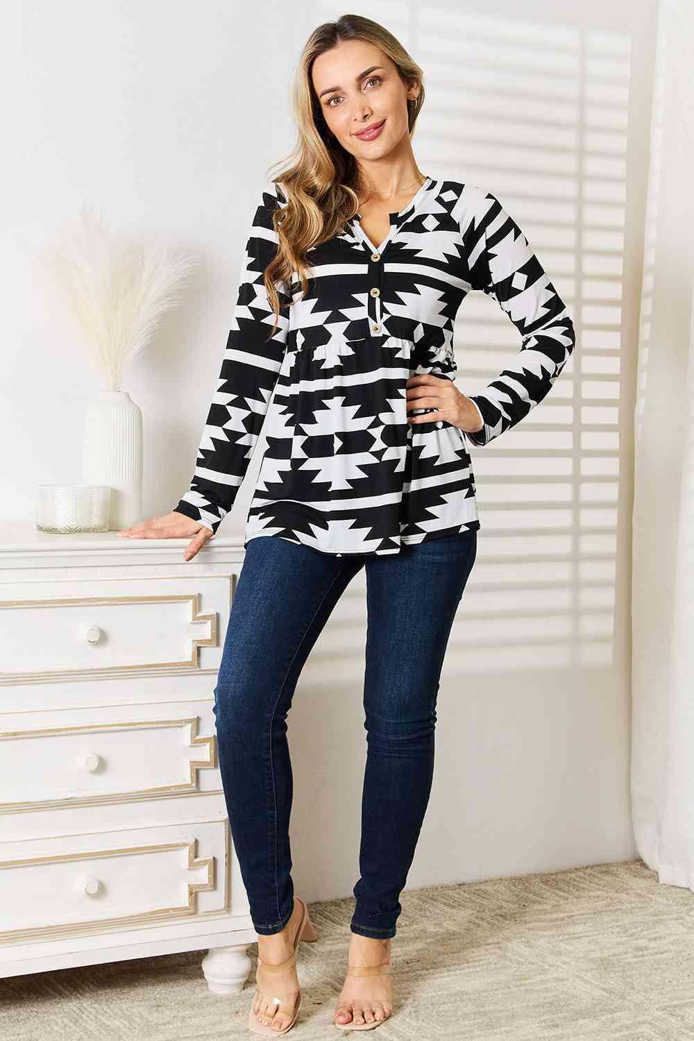 Heimish Full Size Geometric Notched Neck Long Sleeve Top - Happily Ever Atchison Shop Co.