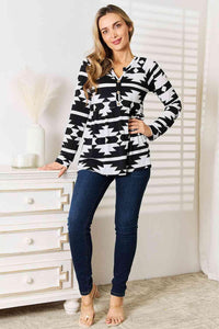 Heimish Full Size Geometric Notched Neck Long Sleeve Top - Happily Ever Atchison Shop Co.