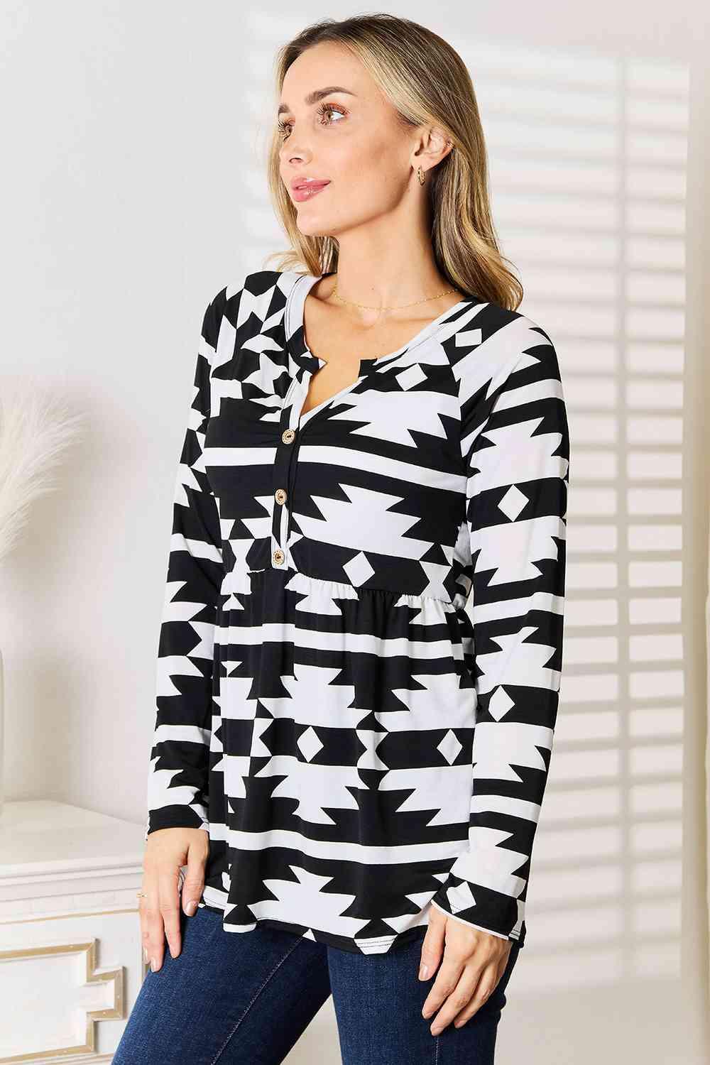 Heimish Full Size Geometric Notched Neck Long Sleeve Top - Happily Ever Atchison Shop Co.