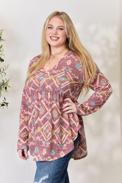 Heimish Full Size Geometric V - Neck Babydoll Top - Happily Ever Atchison Shop Co.