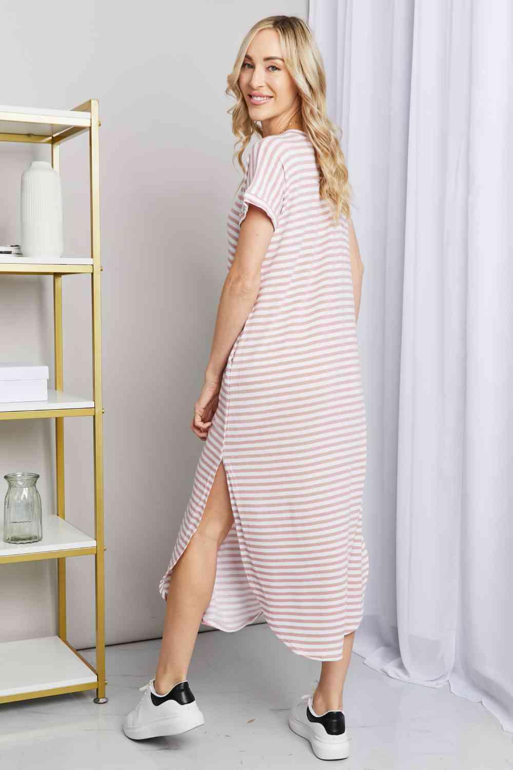 Heimish Full Size Horizontal Stripe Side Slit V - Neck Dress - Happily Ever Atchison Shop Co.