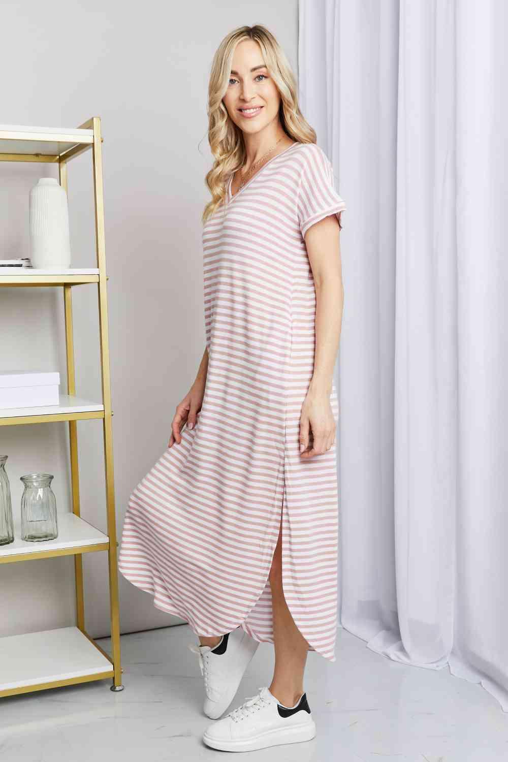 Heimish Full Size Horizontal Stripe Side Slit V - Neck Dress - Happily Ever Atchison Shop Co.