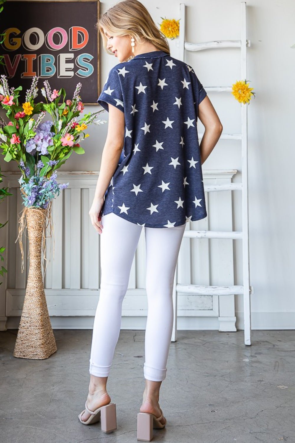 Heimish Full Size Star Print V - Neck Short Sleeve T - Shirt - Happily Ever Atchison Shop Co.