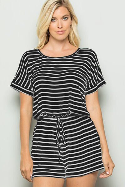 Heimish Full Size Striped Round Neck Short Sleeve Romper - Happily Ever Atchison Shop Co.