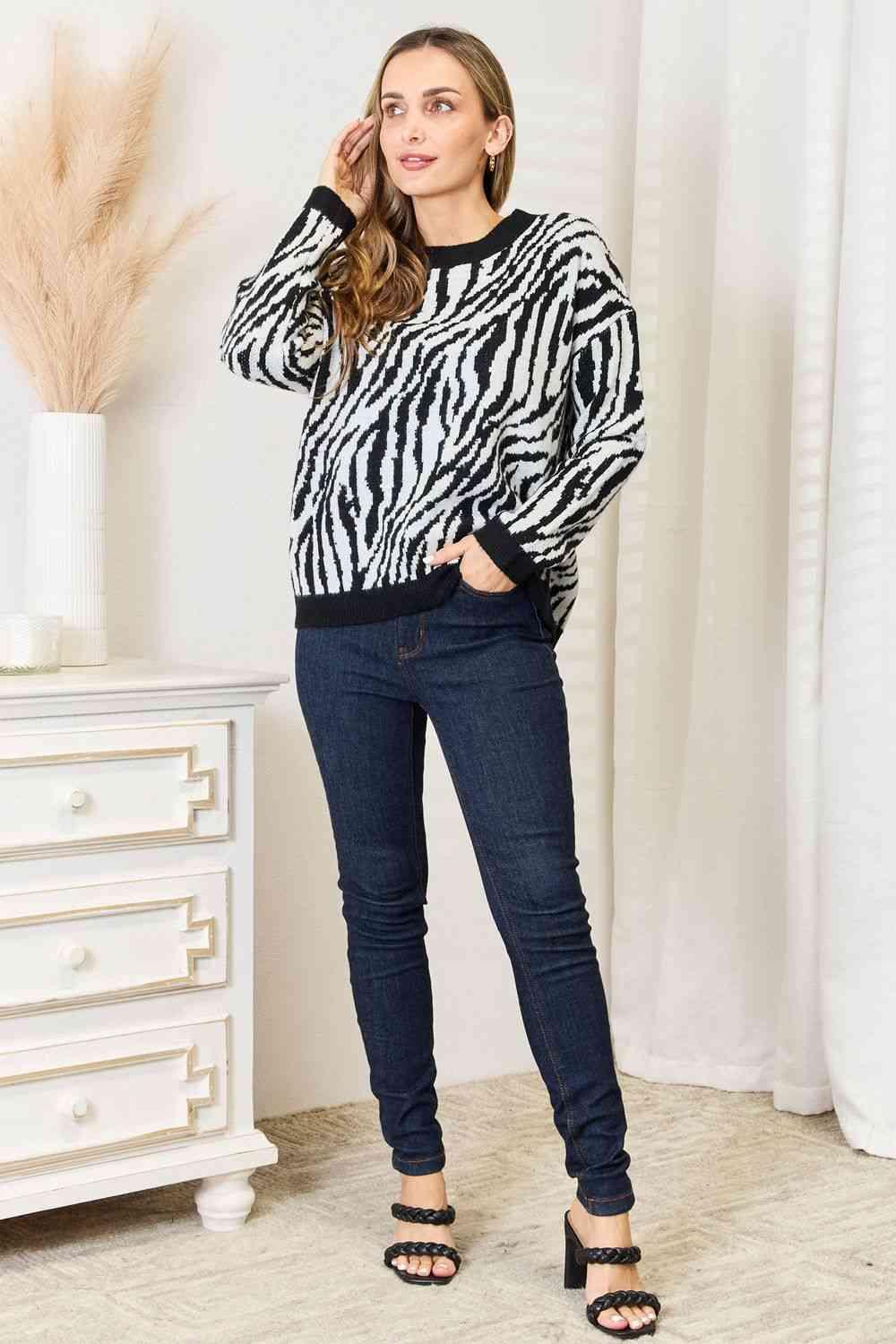 Heimish Full Size Zebra Print Sweater - Happily Ever Atchison Shop Co.