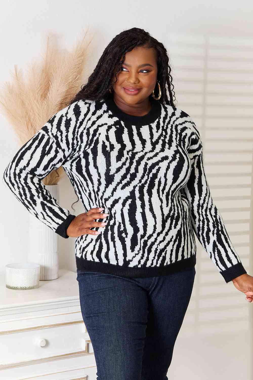 Heimish Full Size Zebra Print Sweater - Happily Ever Atchison Shop Co.