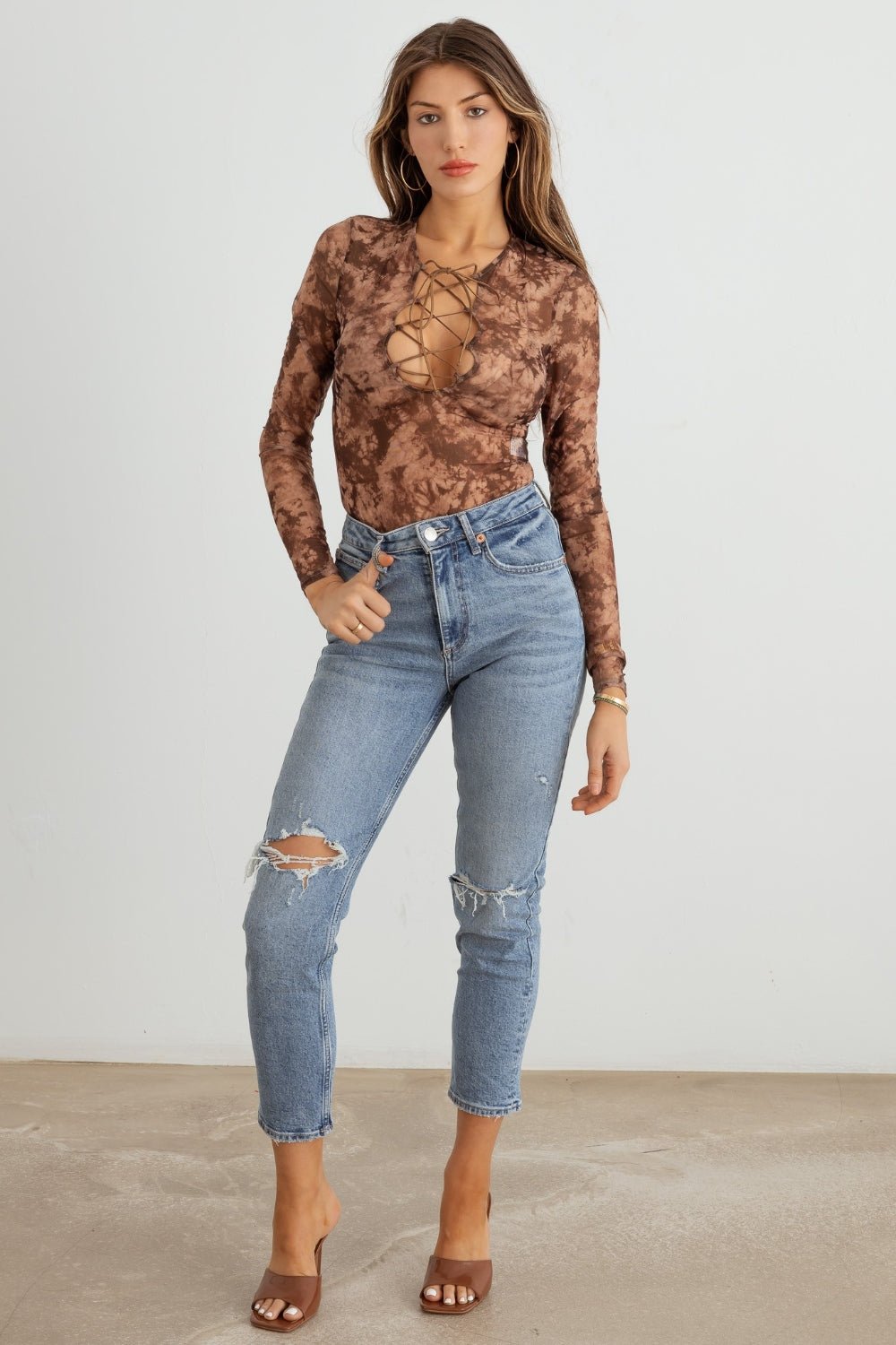 HERA COLLECTION Abstract Mesh Lace - Up Long Sleeve Bodysuit - Happily Ever Atchison Shop Co.