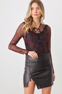 HERA COLLECTION Abstract Mesh Lace - Up Long Sleeve Bodysuit - Happily Ever Atchison Shop Co.