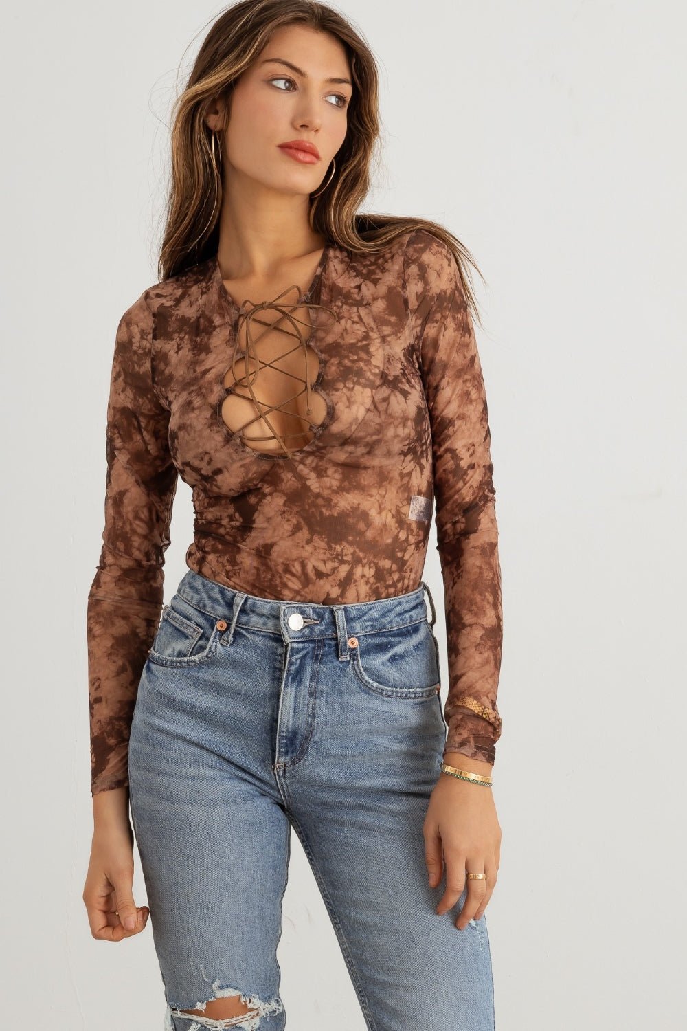 HERA COLLECTION Abstract Mesh Lace - Up Long Sleeve Bodysuit - Happily Ever Atchison Shop Co.