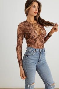 HERA COLLECTION Abstract Mesh Lace - Up Long Sleeve Bodysuit - Happily Ever Atchison Shop Co.