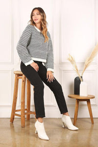 Herringbone Pattern Crew Neck Sweater - Happily Ever Atchison Shop Co.