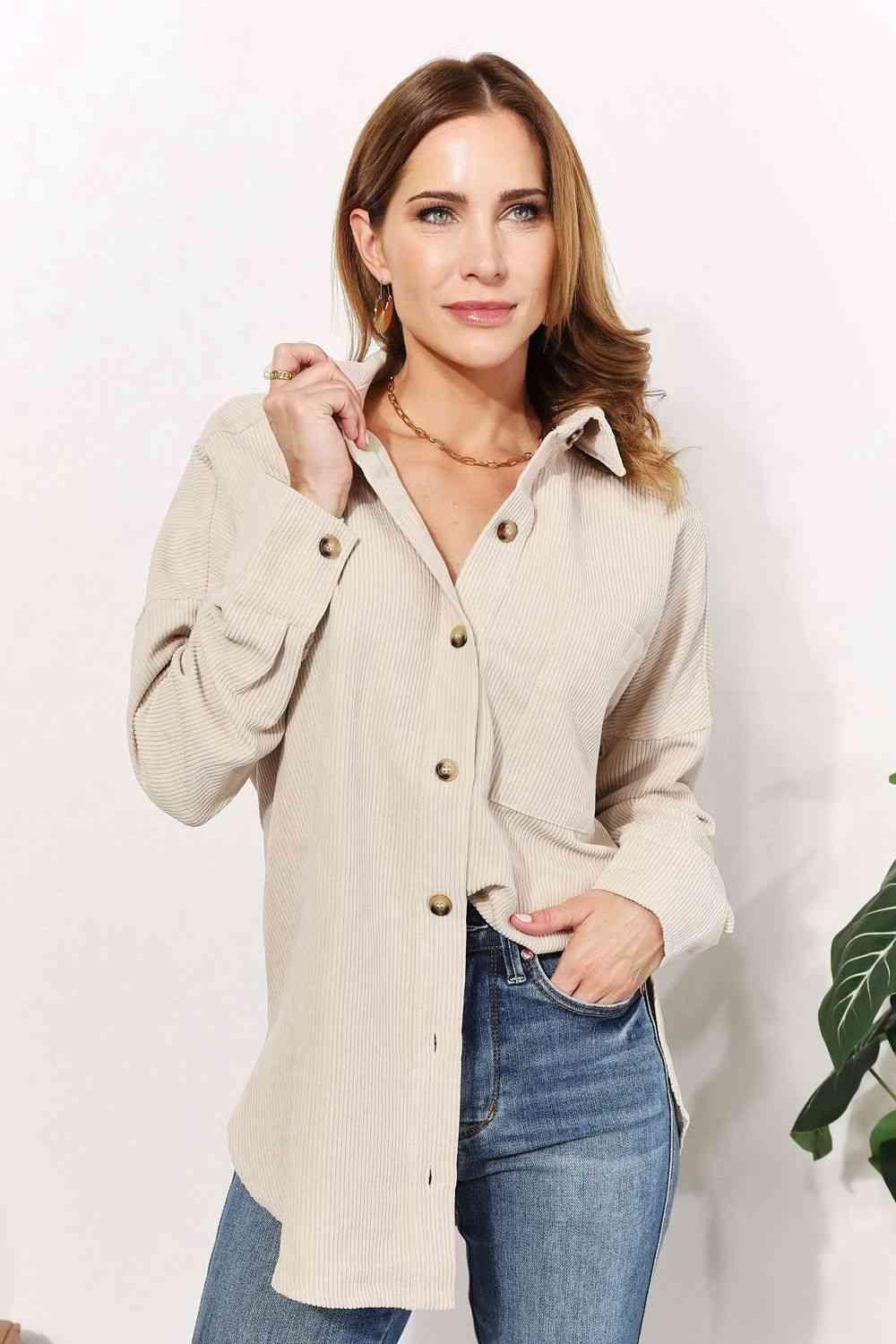 HEYSON Full Size Oversized Corduroy Button - Down Tunic Shirt with Bust Pocket - Happily Ever Atchison Shop Co.
