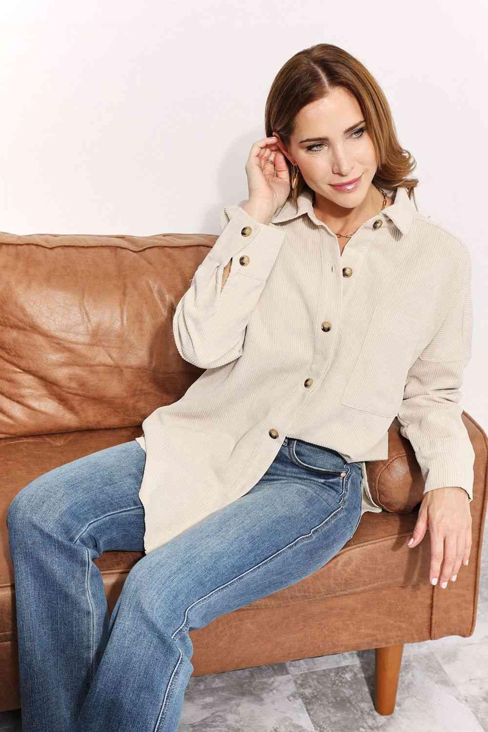 HEYSON Full Size Oversized Corduroy Button - Down Tunic Shirt with Bust Pocket - Happily Ever Atchison Shop Co.