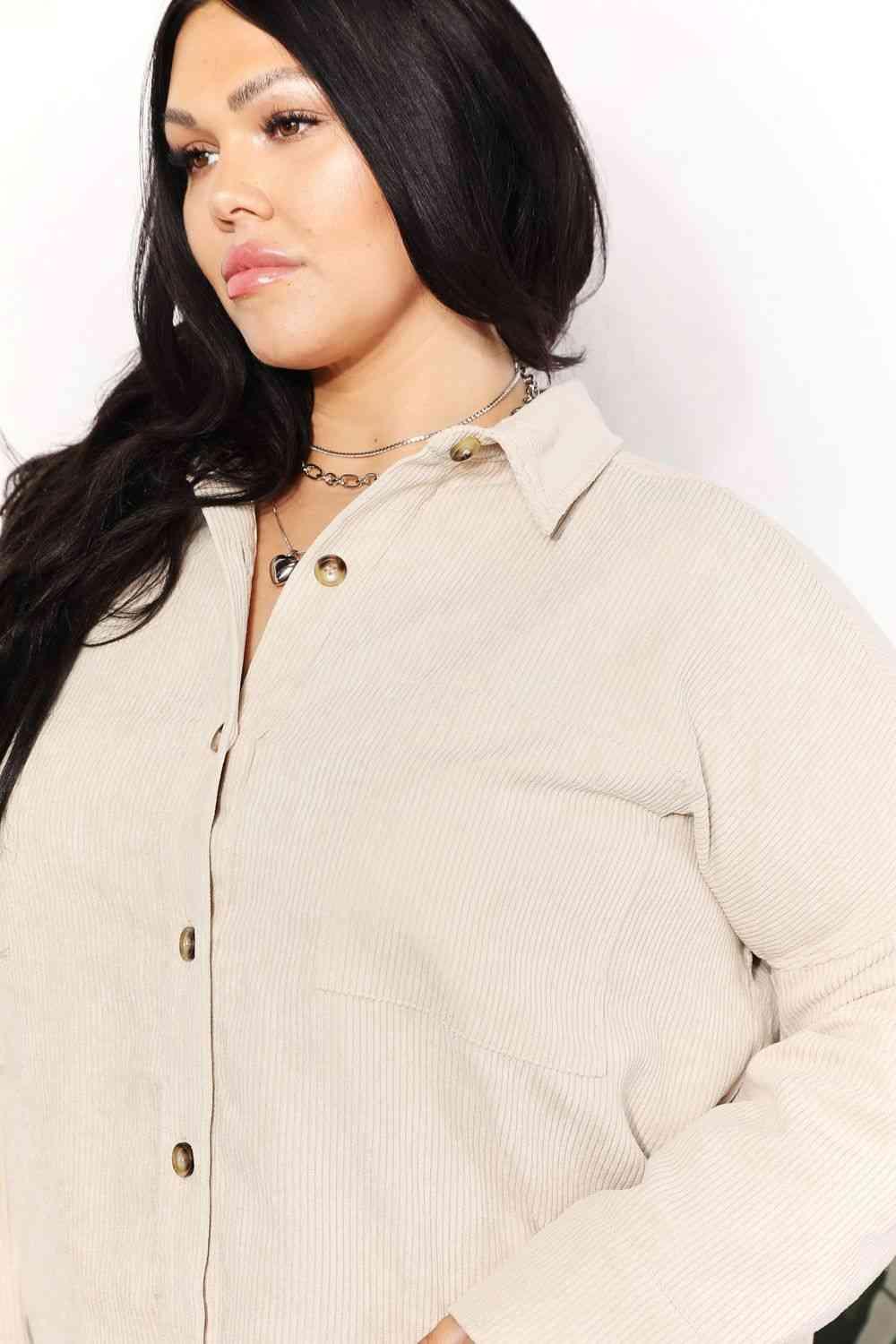 HEYSON Full Size Oversized Corduroy Button - Down Tunic Shirt with Bust Pocket - Happily Ever Atchison Shop Co.