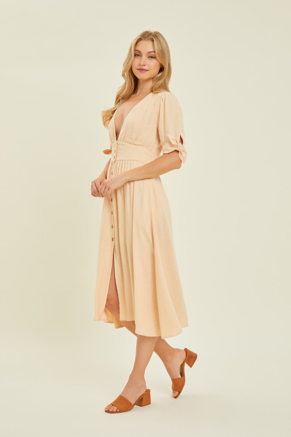 HEYSON Full Size Textured Linen V - Neck Button - Down Midi Dress - Happily Ever Atchison Shop Co.