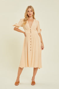HEYSON Full Size Textured Linen V - Neck Button - Down Midi Dress - Happily Ever Atchison Shop Co.
