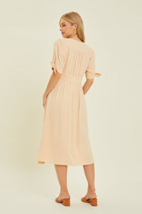 HEYSON Full Size Textured Linen V - Neck Button - Down Midi Dress - Happily Ever Atchison Shop Co.