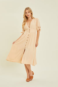 HEYSON Full Size Textured Linen V - Neck Button - Down Midi Dress - Happily Ever Atchison Shop Co.