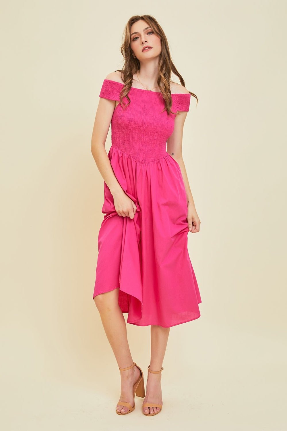 HEYSON Off - Shoulder Smocked Midi Dress - Happily Ever Atchison Shop Co.