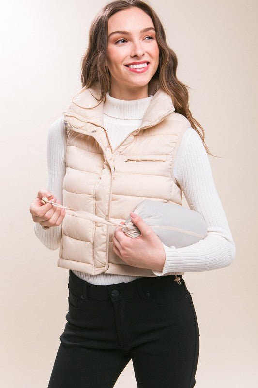 High Neck Zip Up Puffer Vest with Storage Pouch - Happily Ever Atchison Shop Co.