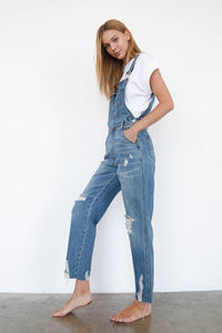 High Waist Ripped Straight Denim Overall Jumpsuit - Happily Ever Atchison Shop Co.