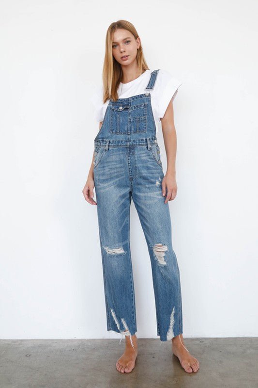 High Waist Ripped Straight Denim Overall Jumpsuit - Happily Ever Atchison Shop Co.