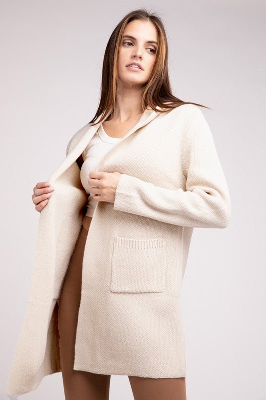 Hooded Open Front Sweater Cardigan - Happily Ever Atchison Shop Co.