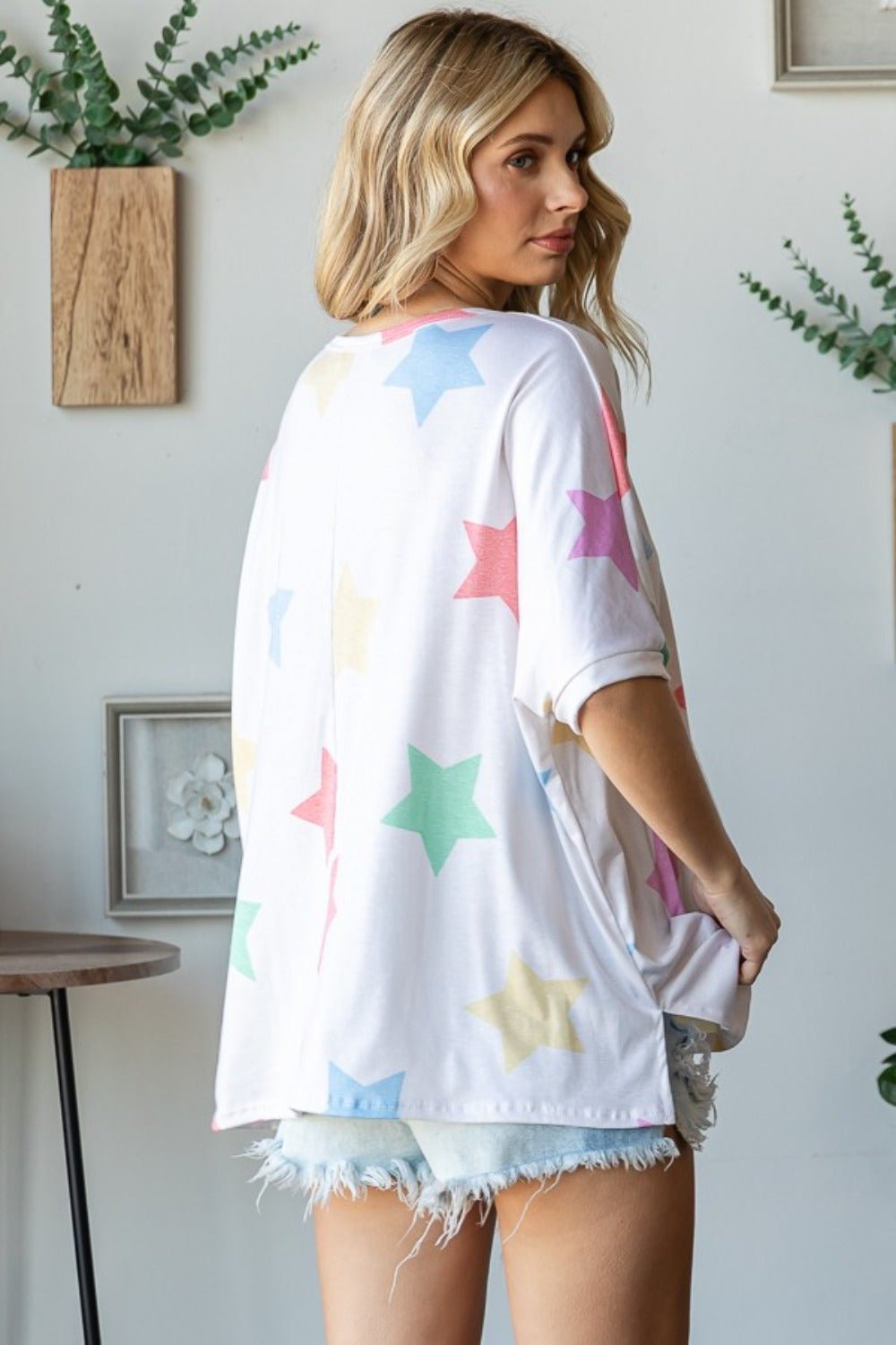 HOPELY Full Size Multi Colored Star Print T - Shirt - Happily Ever Atchison Shop Co.