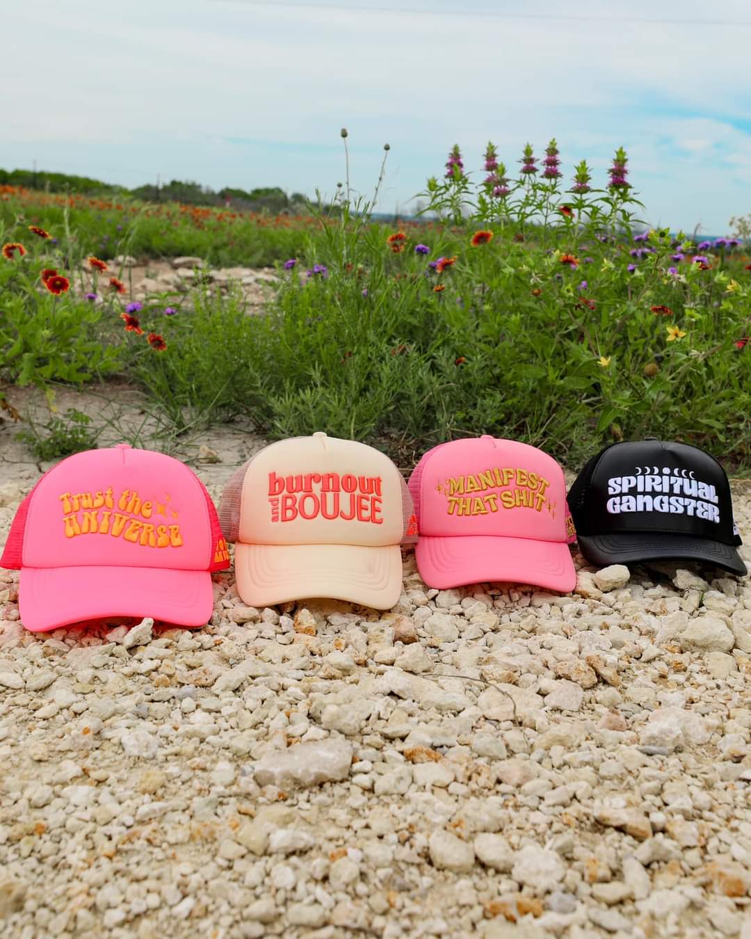 HOT PINK "TRUST THE UNIVERSE" TRUCKER HAT - Happily Ever Atchison Shop Co.