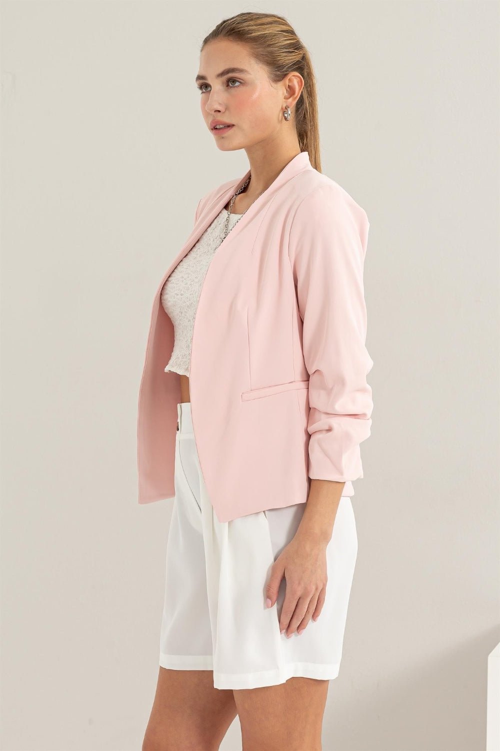 HYFVE Open Front Ruched Sleeve Blazer - Happily Ever Atchison Shop Co.