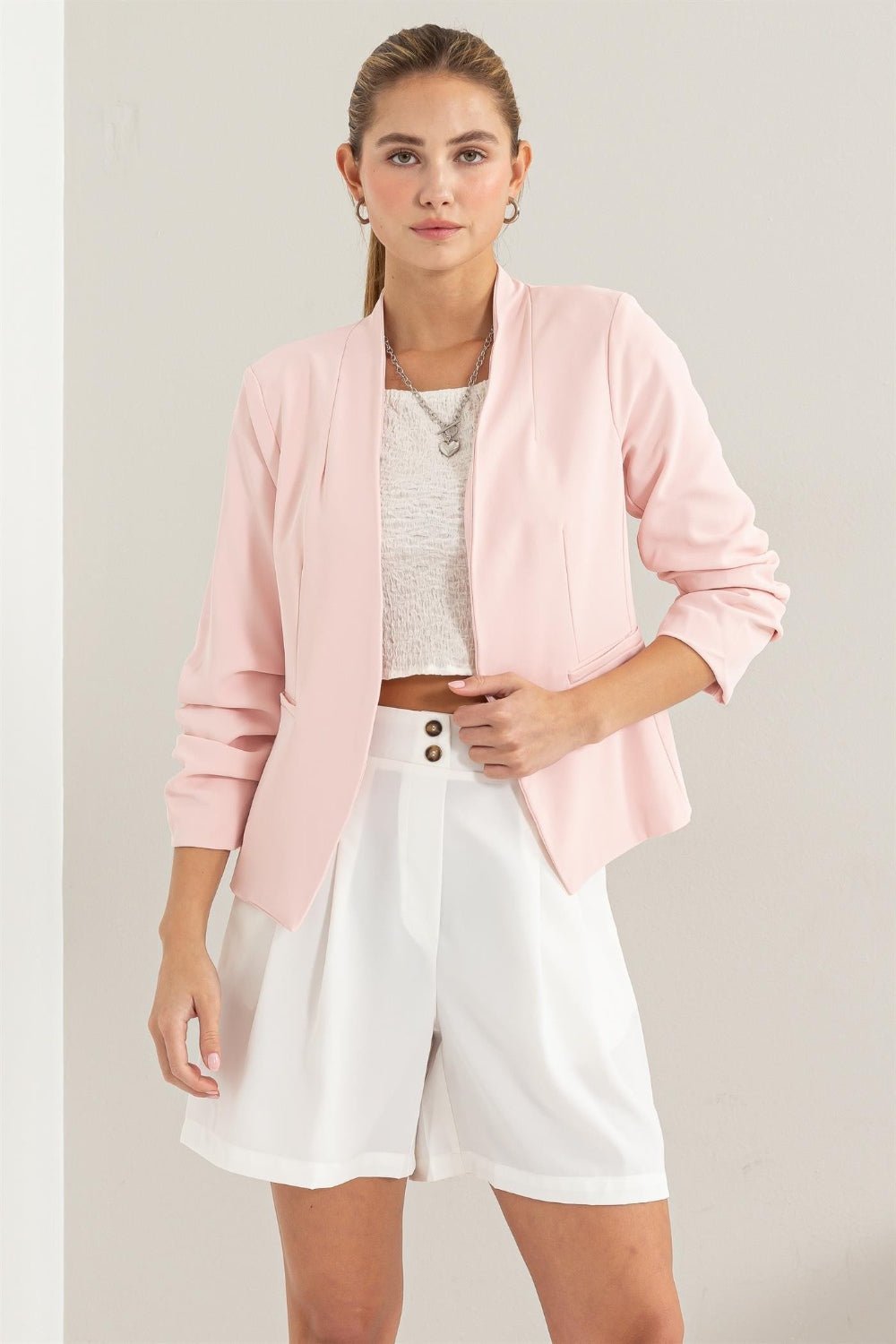 HYFVE Open Front Ruched Sleeve Blazer - Happily Ever Atchison Shop Co.