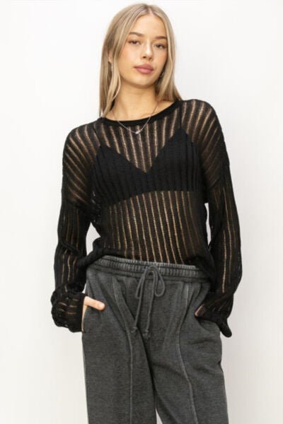 HYFVE Openwork Ribbed Long Sleeve Knit Top - Happily Ever Atchison Shop Co.