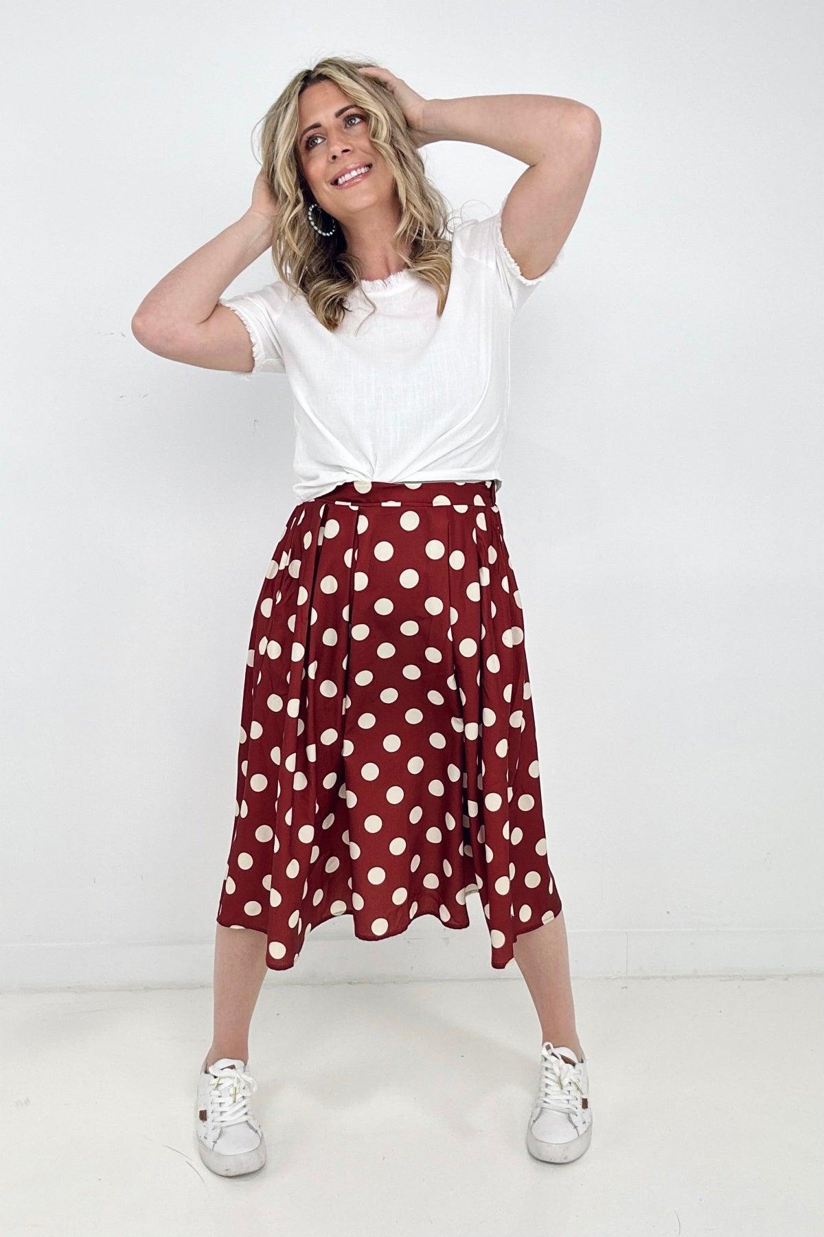 Jade By Jane Polka Dot Pleated Midi Skirt - Happily Ever Atchison Shop Co.