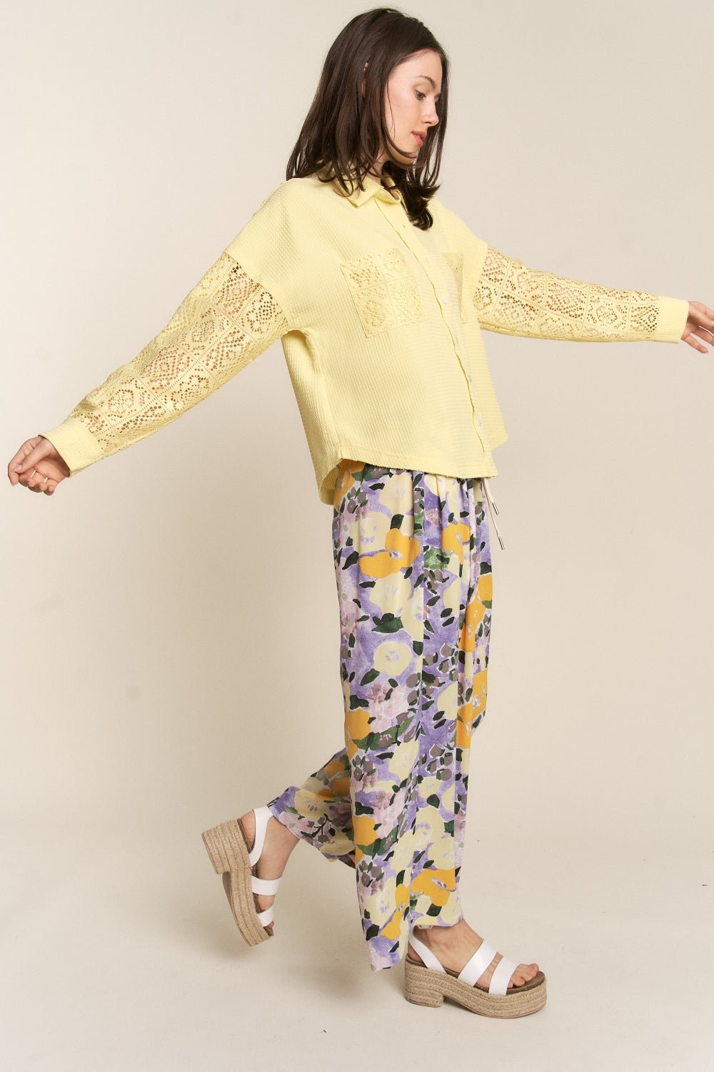 J.NNA Button Down Lace Long Sleeve Waffle Shirt - Happily Ever Atchison Shop Co.