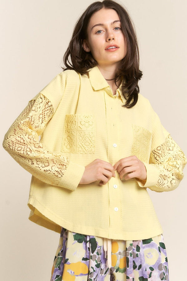 J.NNA Button Down Lace Long Sleeve Waffle Shirt - Happily Ever Atchison Shop Co.