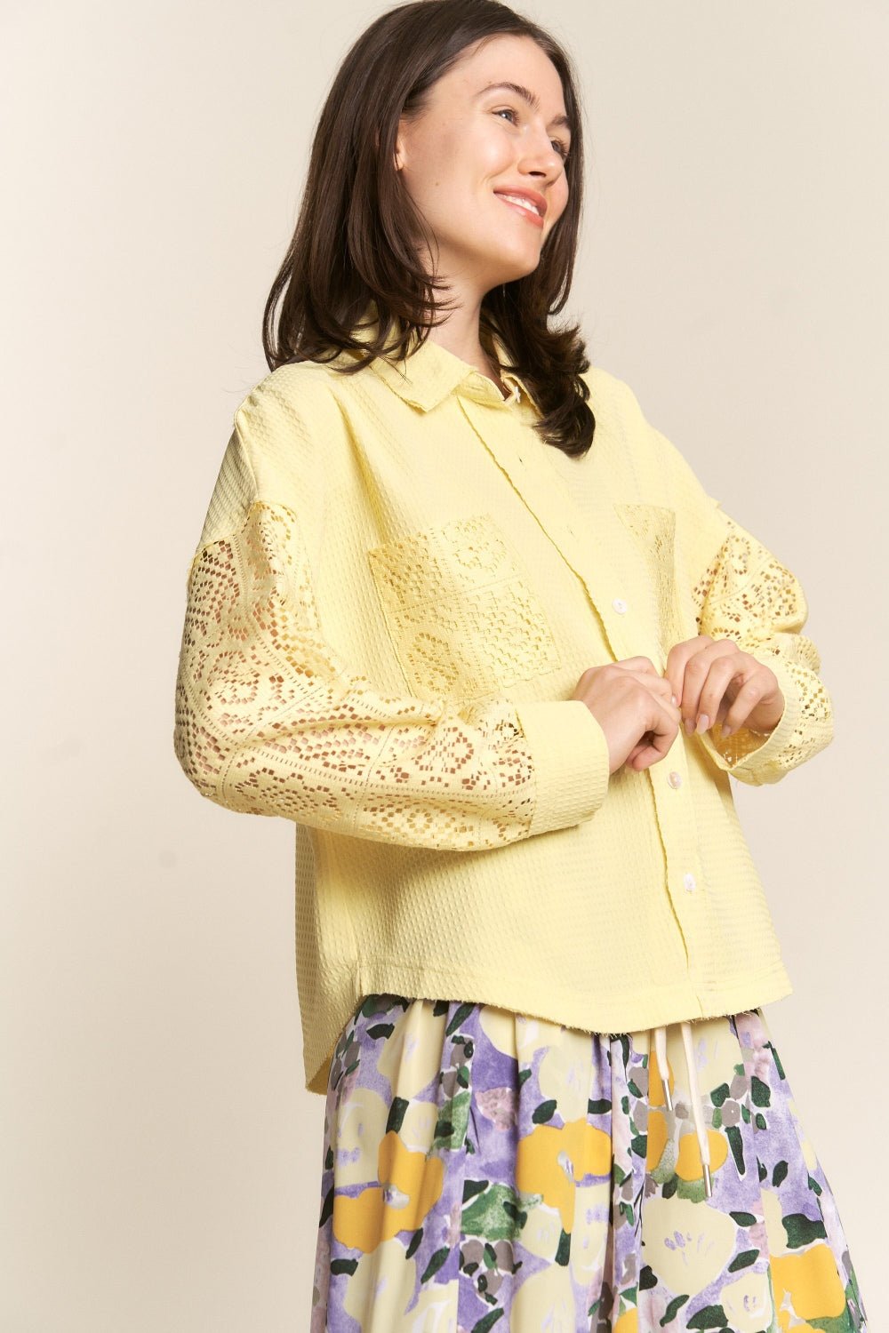 J.NNA Button Down Lace Long Sleeve Waffle Shirt - Happily Ever Atchison Shop Co.