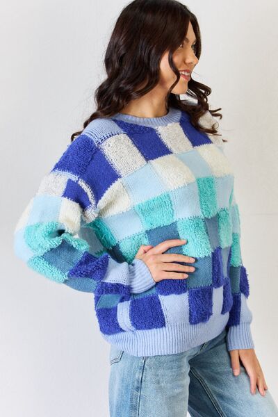 J.NNA Checkered Round Neck Long Sleeve Sweater - Happily Ever Atchison Shop Co.