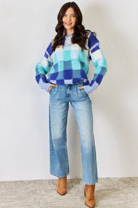 J.NNA Checkered Round Neck Long Sleeve Sweater - Happily Ever Atchison Shop Co.