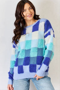 J.NNA Checkered Round Neck Long Sleeve Sweater - Happily Ever Atchison Shop Co.