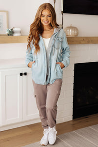 Jordan Hooded Denim Shacket in Light Wash - Happily Ever Atchison Shop Co.